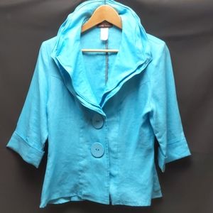Blue linen blazer with stand-up collar